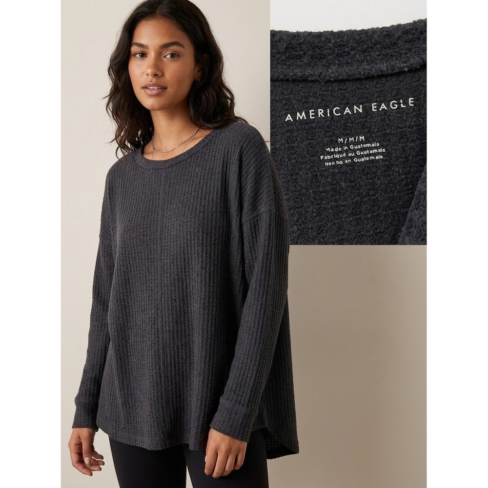 American Eagle Charcoal Gray Waffle Knit Thermal Long Sleeve Top Oversized M